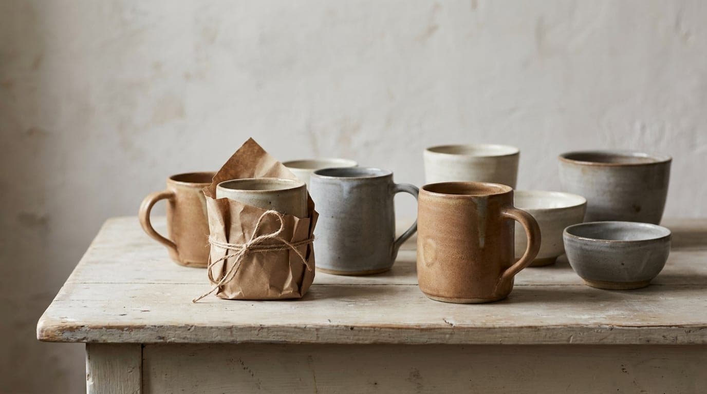 Handmade stoneware mugs and bowls on a pale wooden table, no two glazed alike, one wrapped in kraft paper and twine.