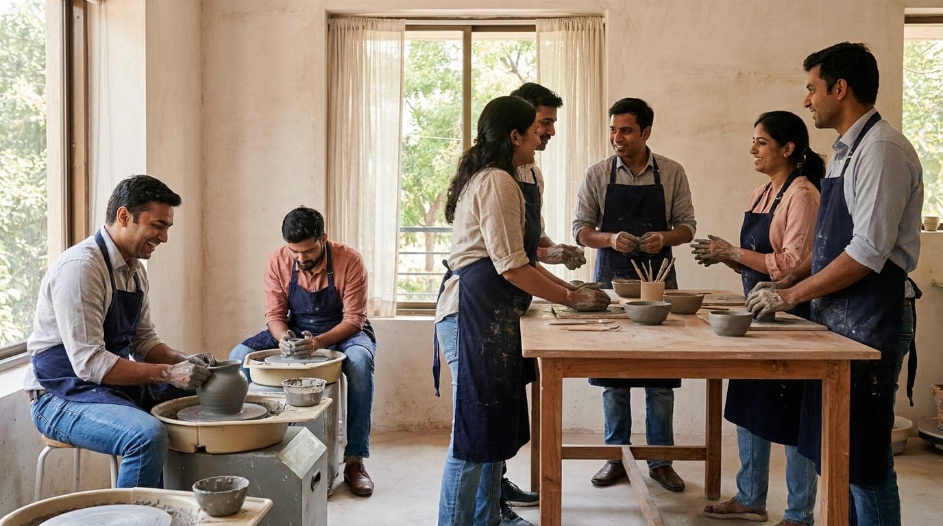 Colleagues in aprons over office clothes at a studio offsite, two at wheels and the rest working clay at a shared table.