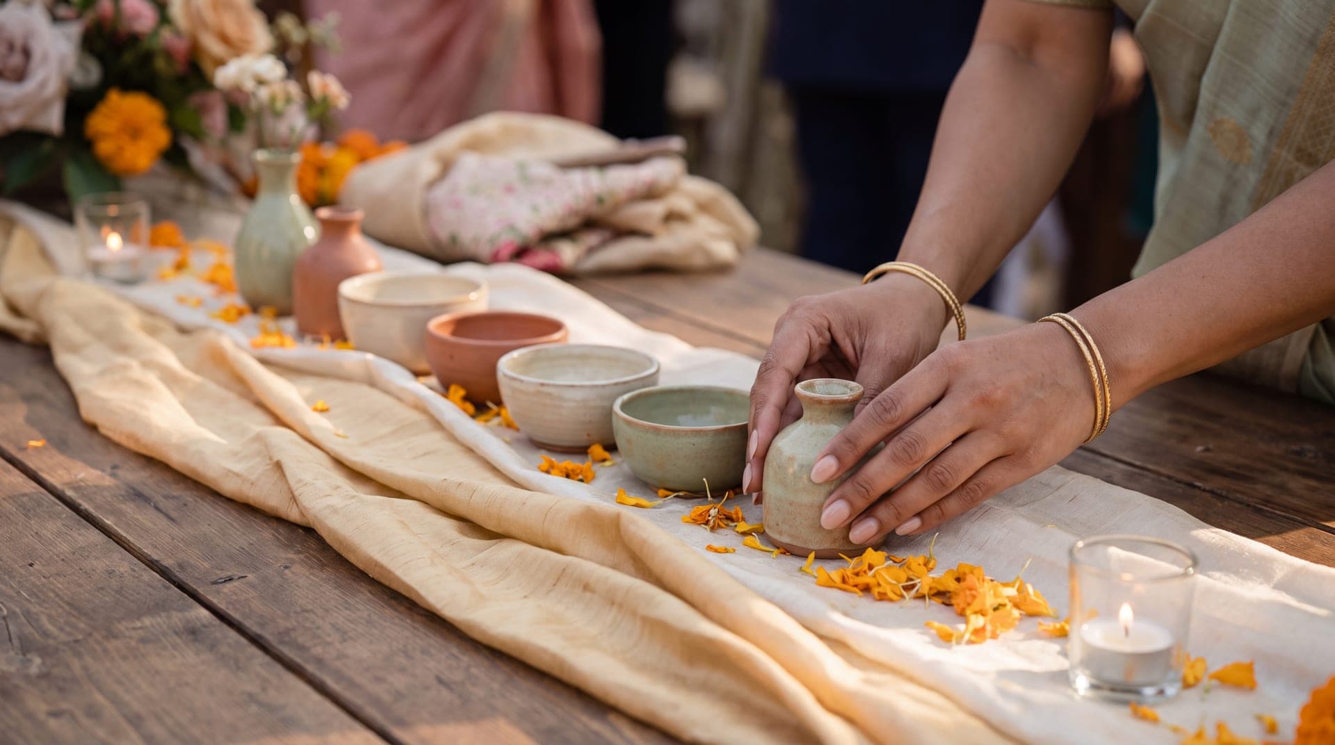 Small ceramic bowls and bud vases along a silk table runner scattered with marigold petals, a hand placing the last one.