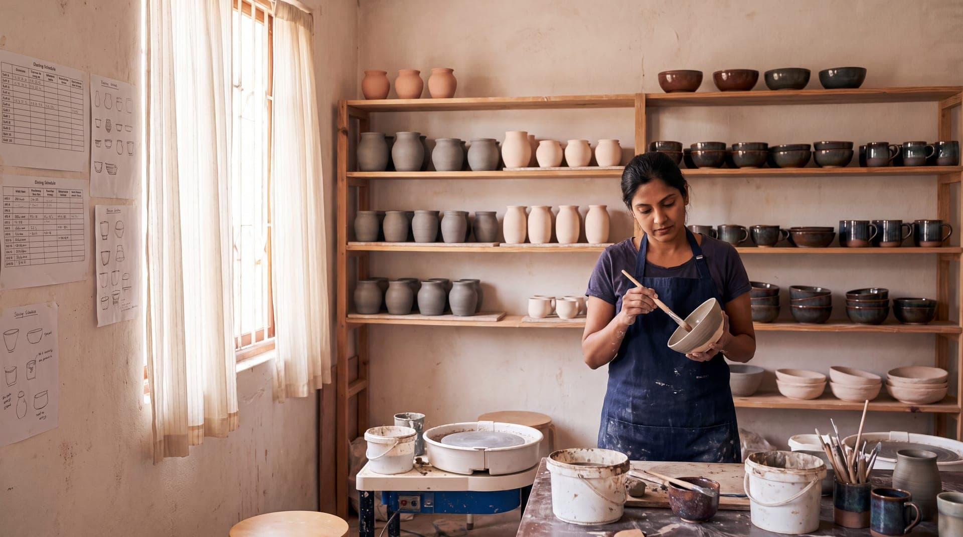 A woman glazing a bowl in front of shelves holding rows of pots at every stage, from raw clay to finished glazed work.