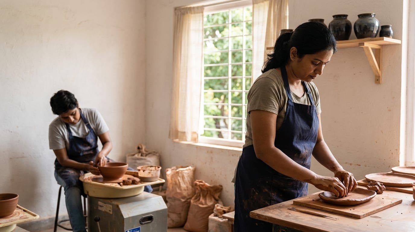 Two people working in the studio at once — one throwing at a wheel by the window, another hand building at a table.