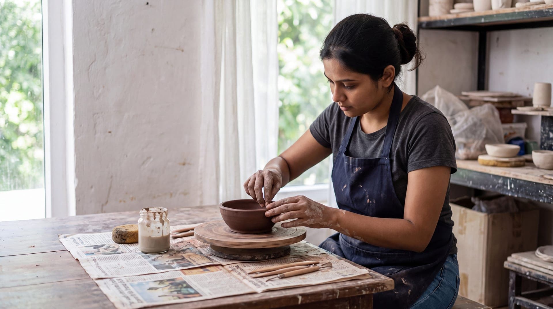 A woman shaping a small clay bowl by hand at a newspaper-covered table, with a jar of slip and wooden tools beside her.