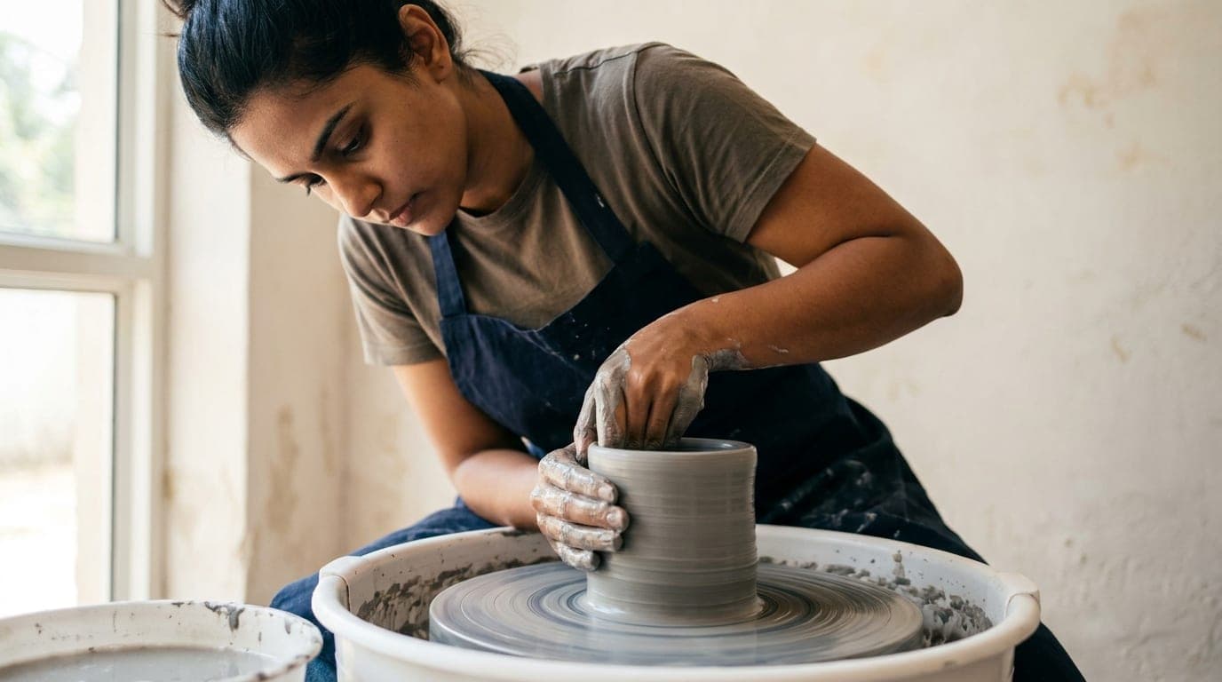 A woman at a pottery wheel, both hands around a grey clay cylinder as it turns.