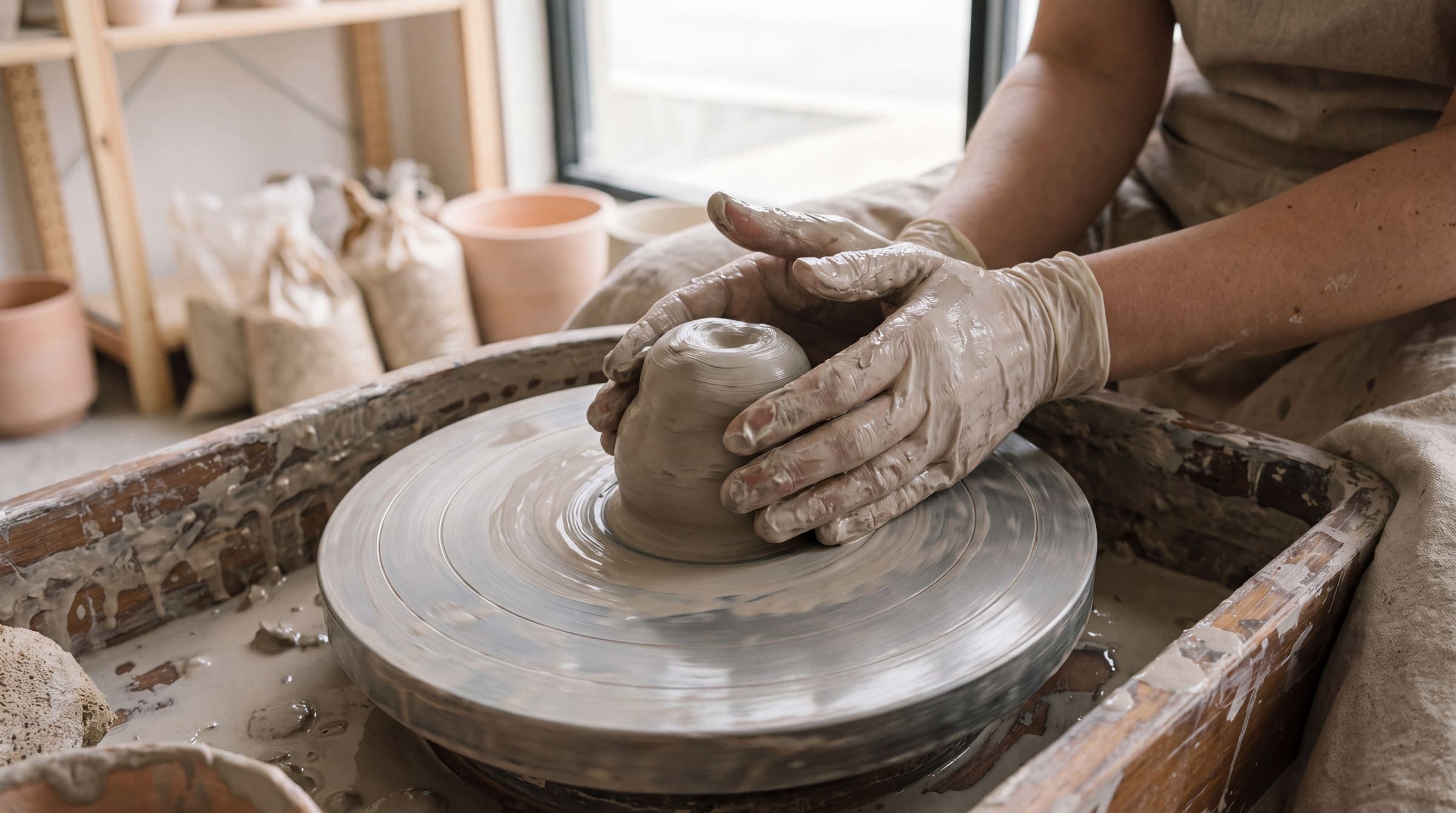 A beginner's hands cupped around a lump of clay on a spinning wheel