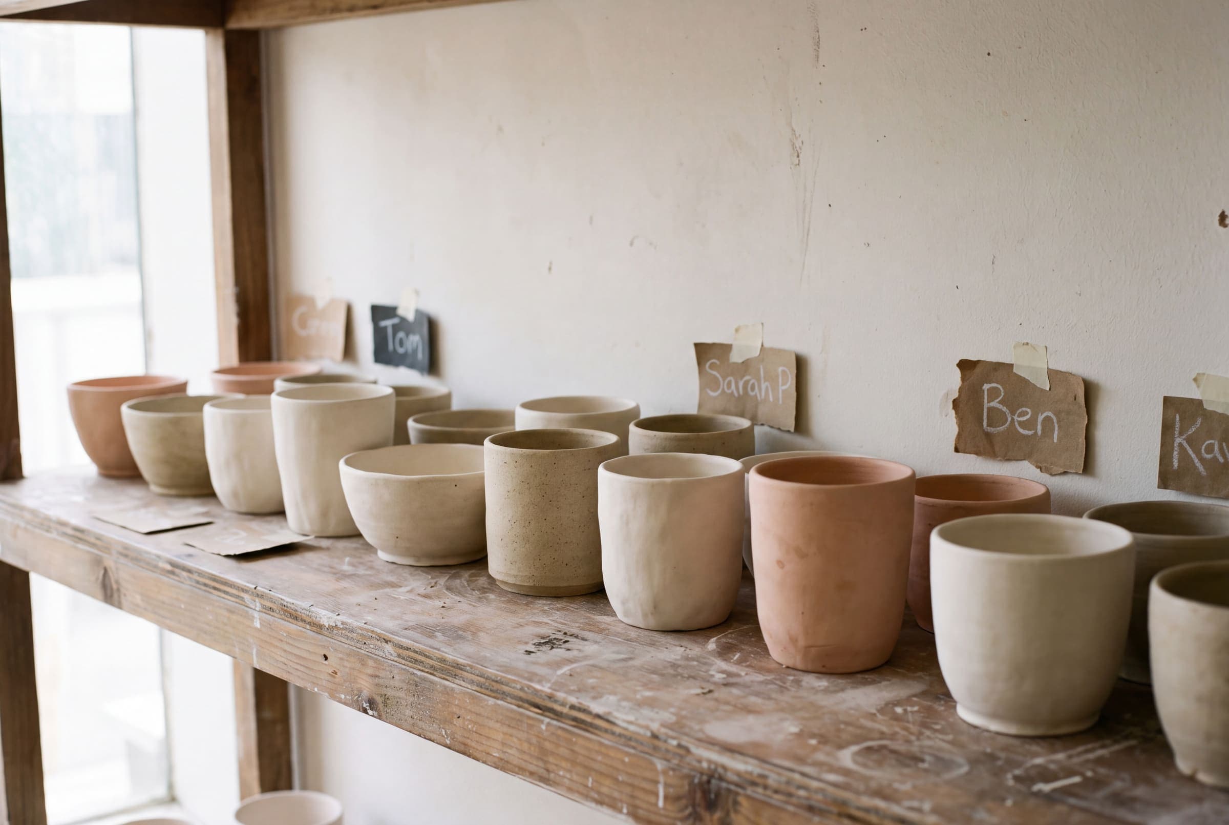 A wooden shelf of pale unfired pots waiting to be bisque-fired